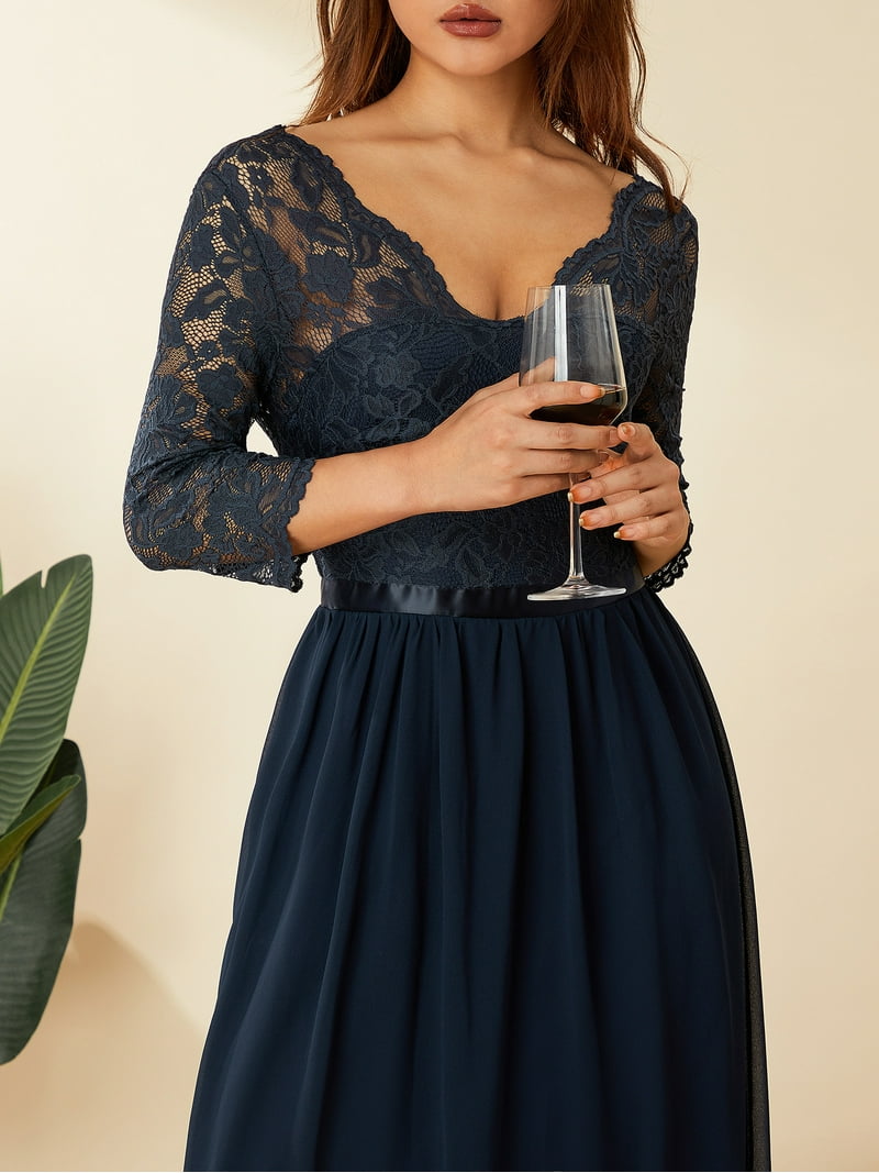 half lace maxi dress Floor Length Empire Waist Lace Evening Dress with Half Sleeve