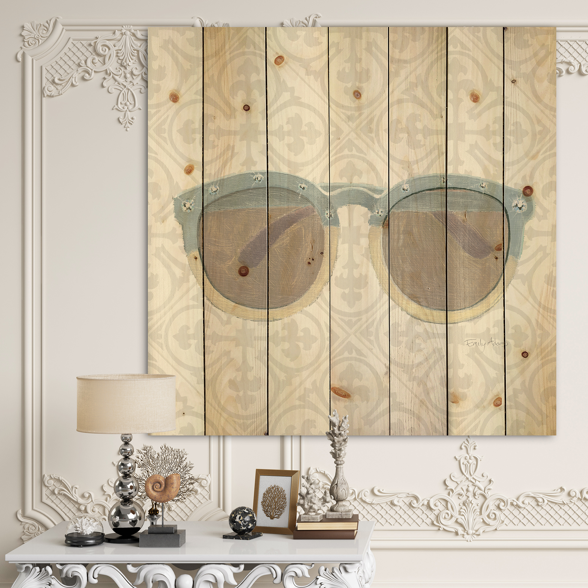 Designart 'Glam cosmetics Blue Sun Glasses' Posh & Luxe Print on Natural Pine Wood