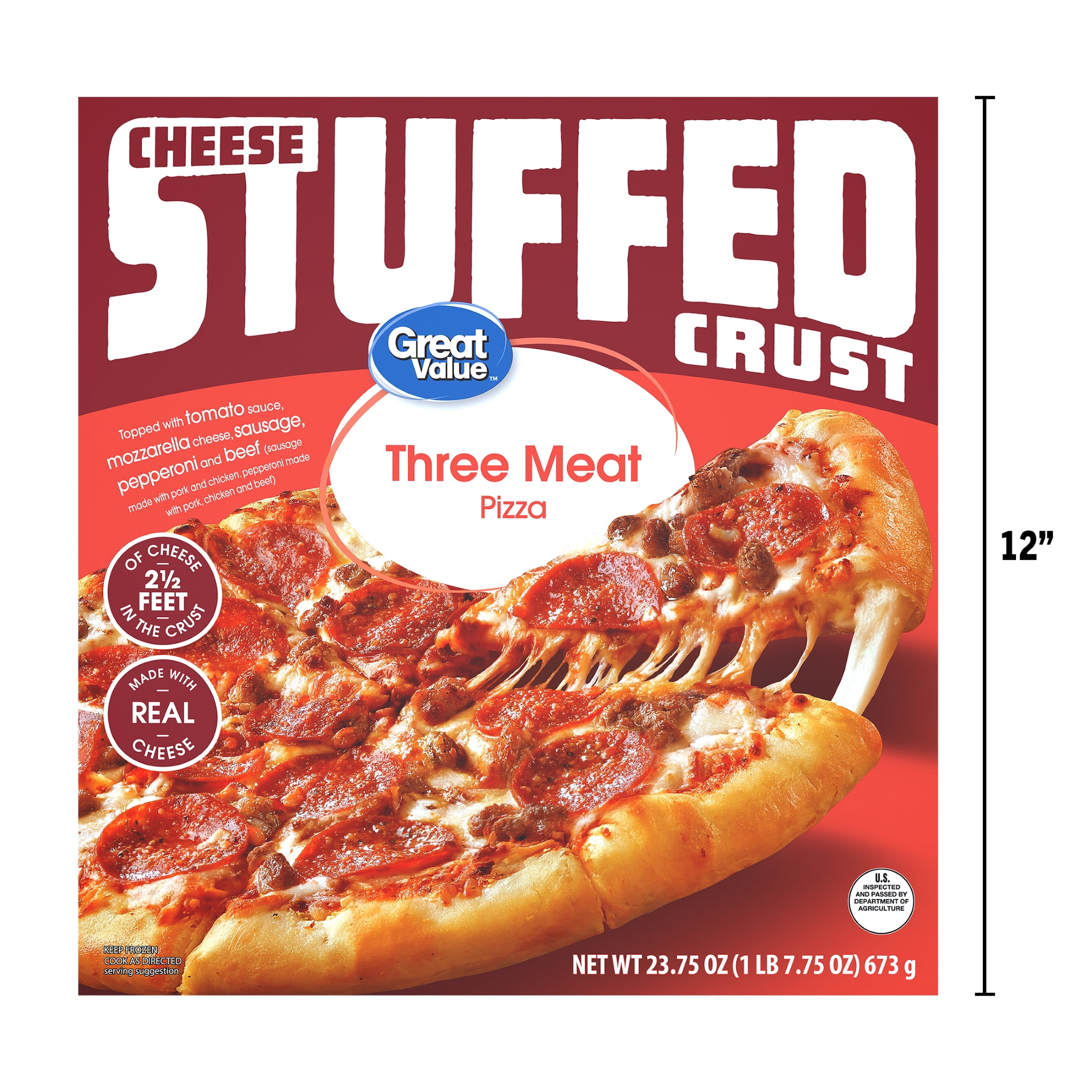 Great Value Stuffed Crust 3 Meat Pizza, Tomato Basil Garlic Sauce, 23.75 oz (Frozen)