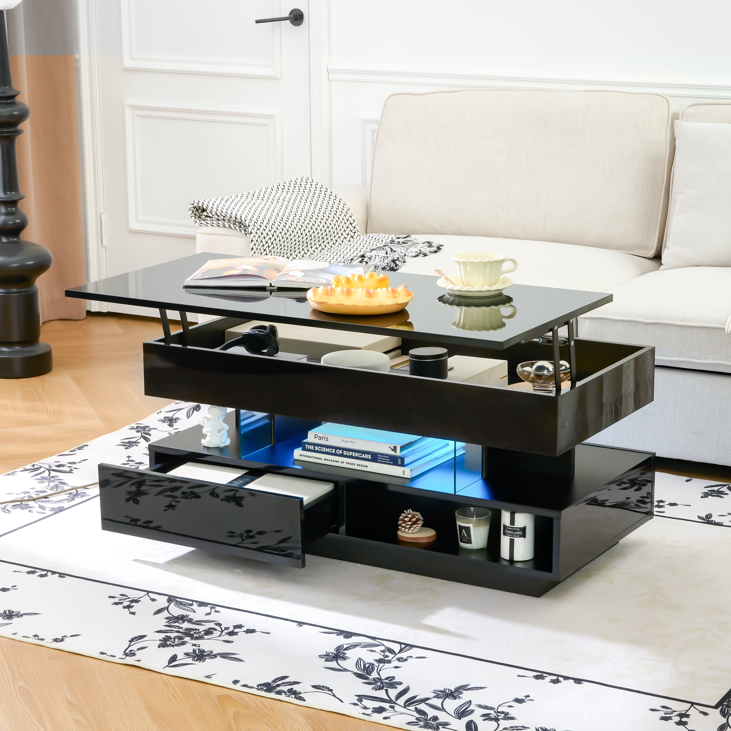 BaPiPro 39.3" Lift Top Coffee Table with LED Lighting, Hidden Compartment, 2 Storage Drawers, Adjustable Height, Black