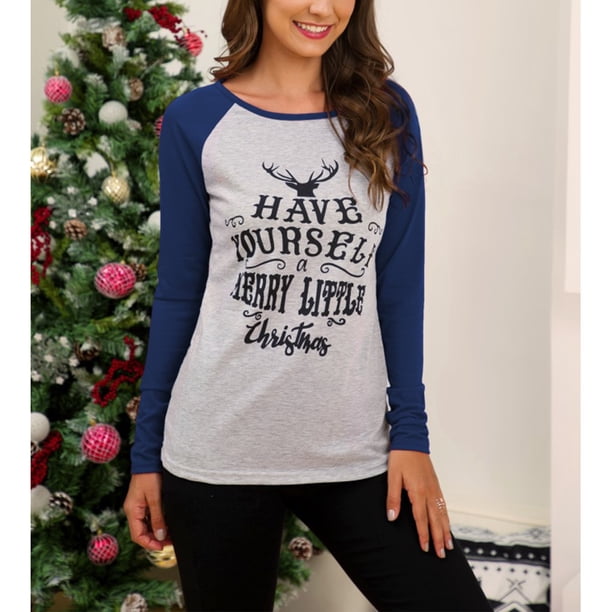 Camiseta de manga larga con diseño de patchwork para mujer, jersey navideño para mujer, camiseta estampada de manga larga para mujer, camiseta con bloques de color para mujer, funcionalidad versátil