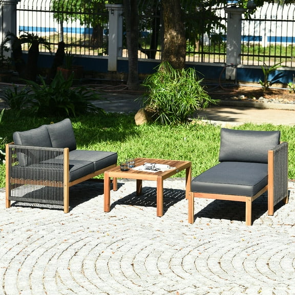 Gymax 3PCS Patio Acacia Wood Sofa Furniture Set Thick Cushion W/Nylon Rope Armrest