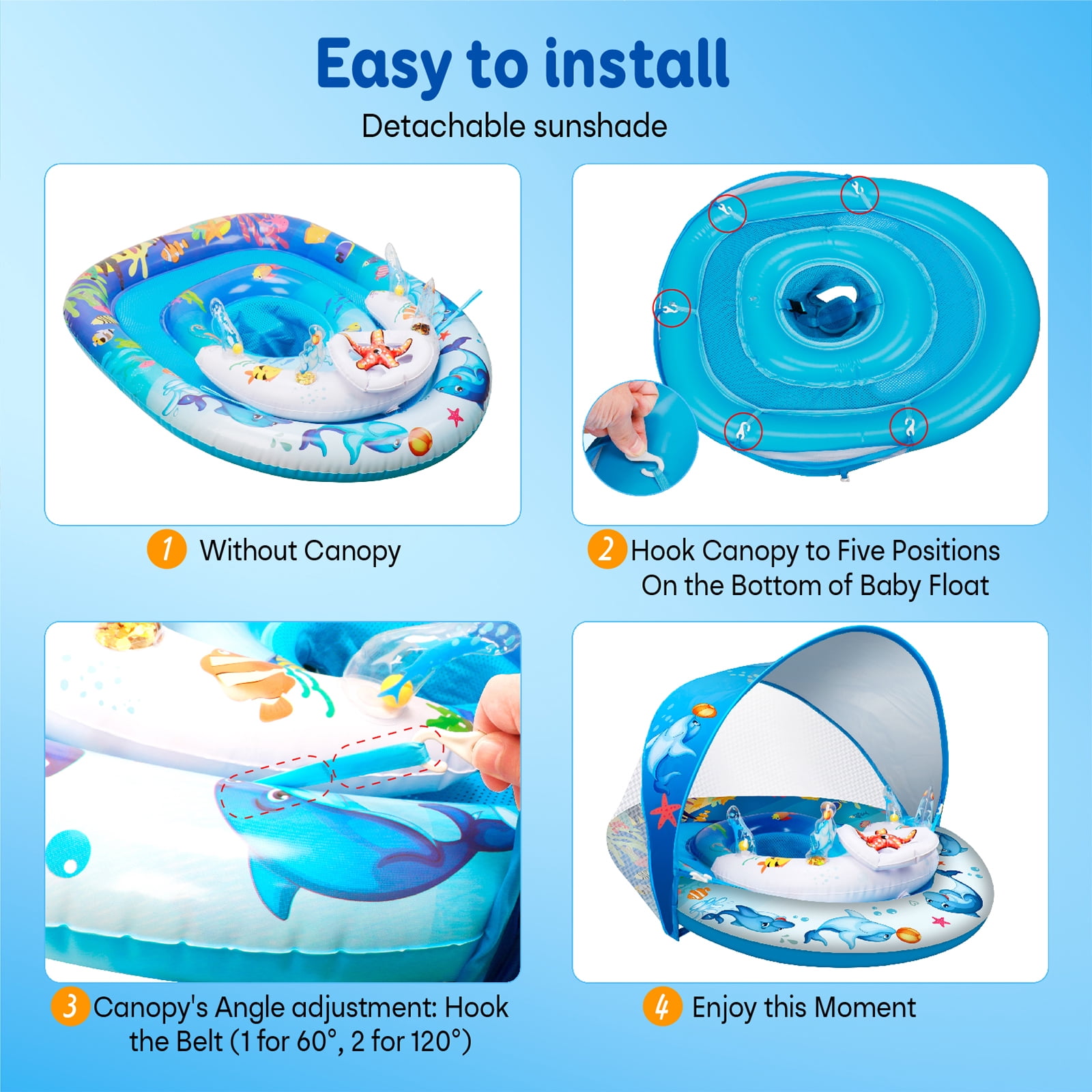 Baby Pool Float with Canopy UPF50+ Sun Canopy, Inflatable Kids Pool Floats, Anti-Flip Double Air Chambers, Infant Swimming Float with Adjustable Safety Seat for 6-36 Months Boys Girls.