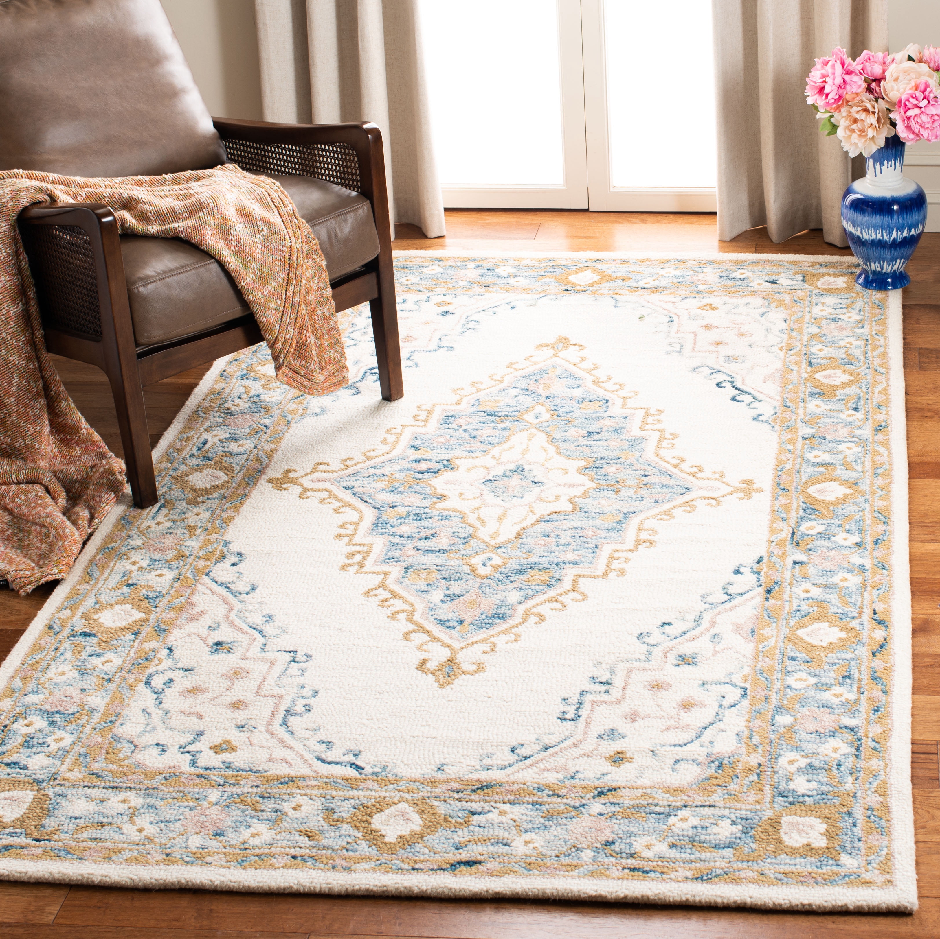 SAFAVIEH Micro-Loop Byron Geometric Striped Area Rug, Ivory/Blue, 5' x 5' Square