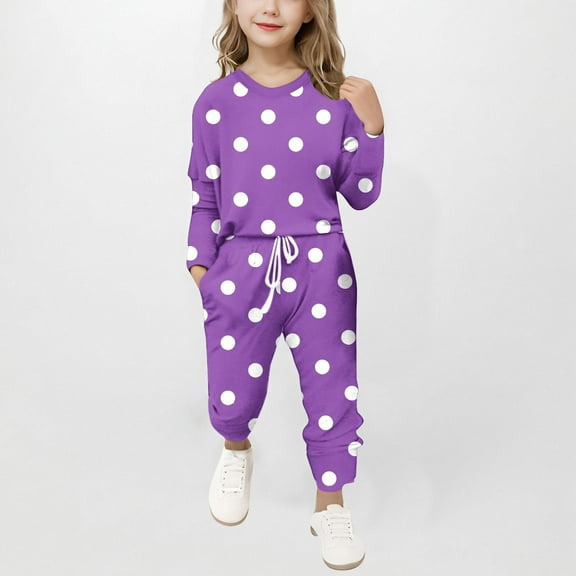 Girls Cute 2 Piece Outfits Long Sleeve Crewneck Pullover Tops and High Waisted Pants Loungewear Sets New Two Piece Pants Set for Girls Casual Purple 7-8 Years