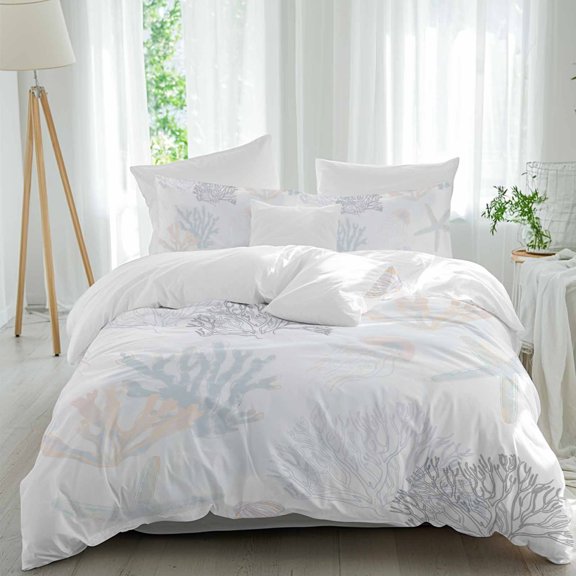 3 Piece Blue Pink Coral Coastal Duvet Cover Set Queen Size,Microfiber Comforter/Quilt Cover with Corner Ties and 2 Pillowcases,Nautical Starfish Summer Beach All Season Bedding with Zipper Closure