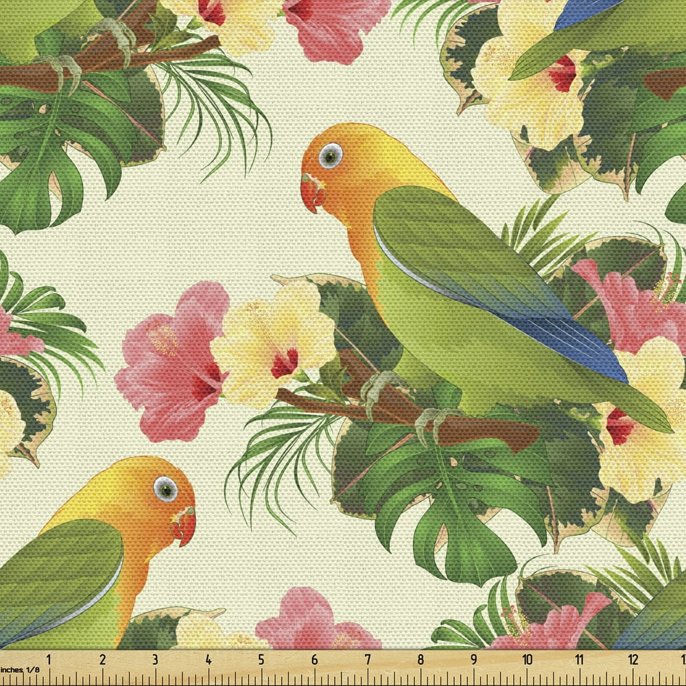 Hibiscus Fabric by the Yard Colorful Composition of Exotic Bird Parrot