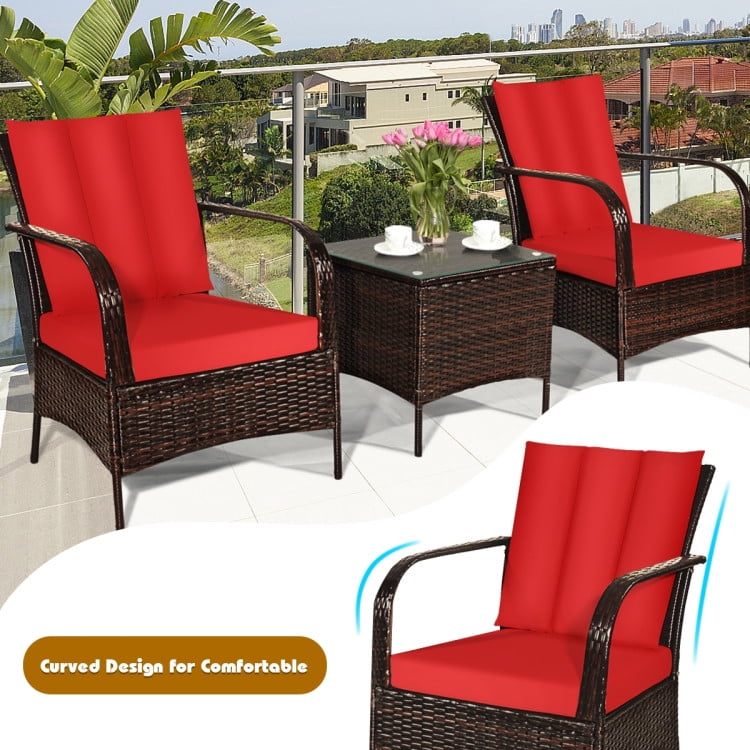 Aimee Lii 3 Pcs Patio Conversation Rattan Furniture Set, Small Patio Set with Glass Top Coffee Table and Cushions, Red