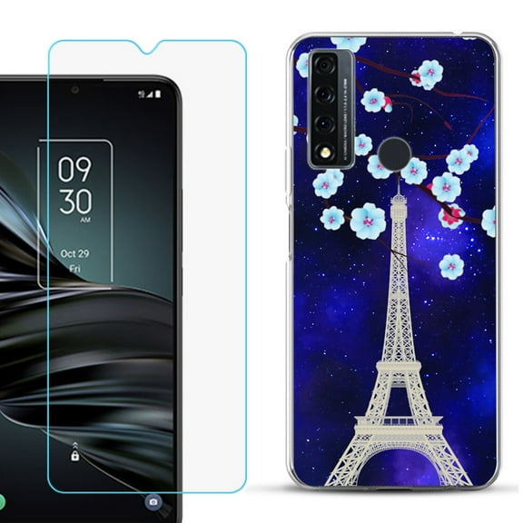 Slim-Fit Fashion Phone Case for TCL 20 XE, with Tempered Glass Screen Protector, by OneToughShield ® - Eiffel Tower Stars