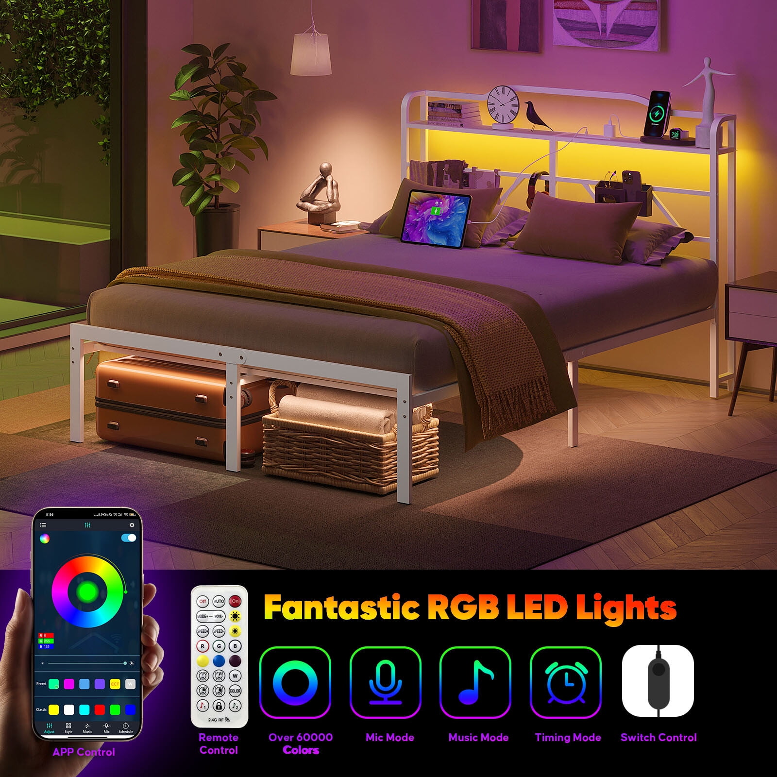 NISIEN Full Size LED Bed Frame with Storage Headboard & Charging Station, Metal Platform Bed, White