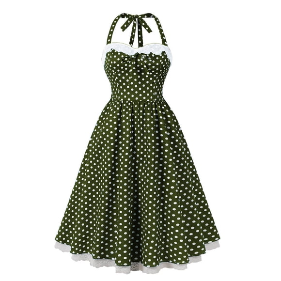 Nuoqisi Women's Fashion Sleeveless Halter Tie Polka Dot Print Flared Dress - Classic Pattern Tank Silhouette with Adjustable Neckline for Retro Style