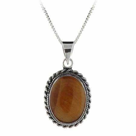 

STAFIH Sterling Silver Tigers Eye Bali Beaded Oval Pendant