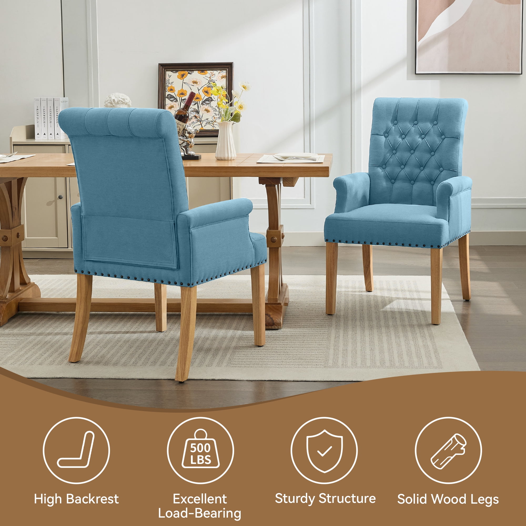 Fabric Upholstered Dining Chair with Arms, Tufted High Back Accent Coffee Armchair for Kitchen Dining Room Living Room, Blue