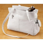 Womens Leather Handbag with Double Shoulder Straps, 3 Interior Pockets & 4 Exterior Pockets, White