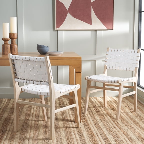 SAFAVIEH Taika Contemporary Leather Solid Dining Side Chair, White/Light Natural (Set of 2)