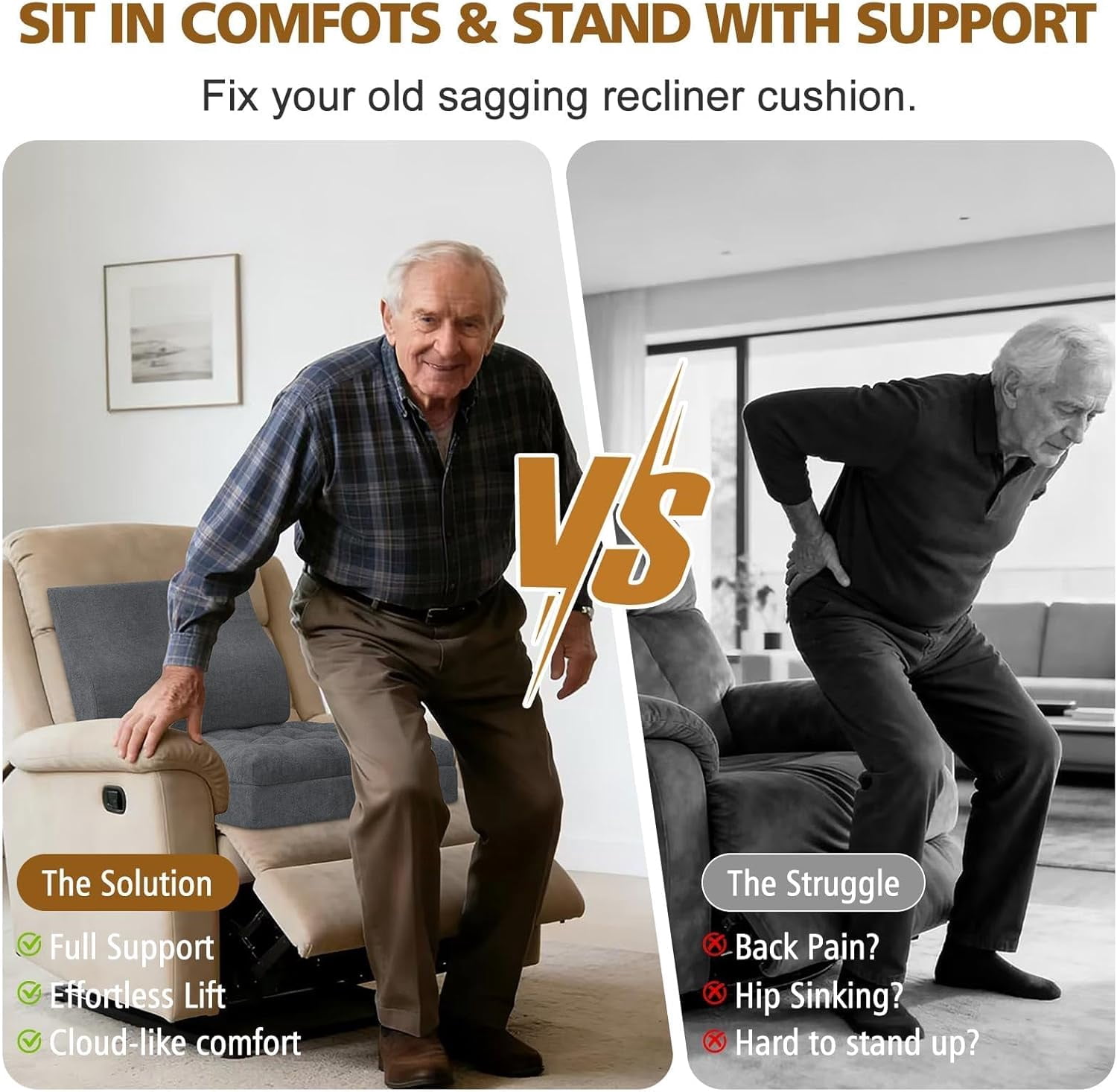 Recliner Seat Cushion for Elderly - Patented Dual Design for Sagging Recliner Replacement & Easy Get Up, Booster Cushion Relieves Back Pain from Sofa, Couch, Chair 20x20x5 Inches Dark Grey