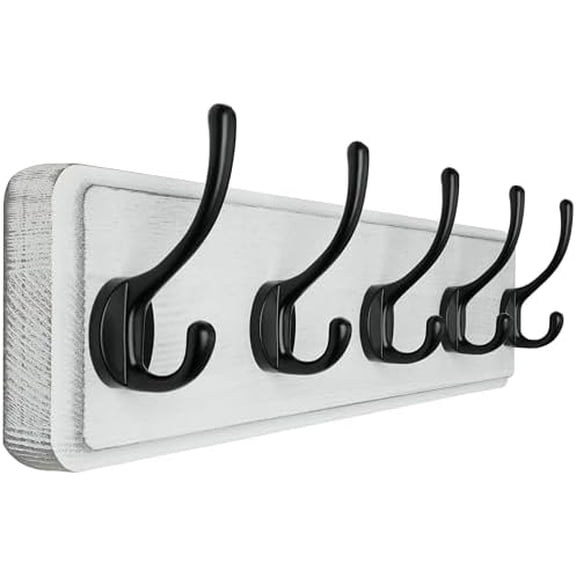 Rustic Wall Mounted Coat Rack, Pine Solid Wood Coat Hook Hanger - 5 Hooks for Hanging Clothes Robes Towels Coats White Plate & Black Hook,1 Item-5 Hooks