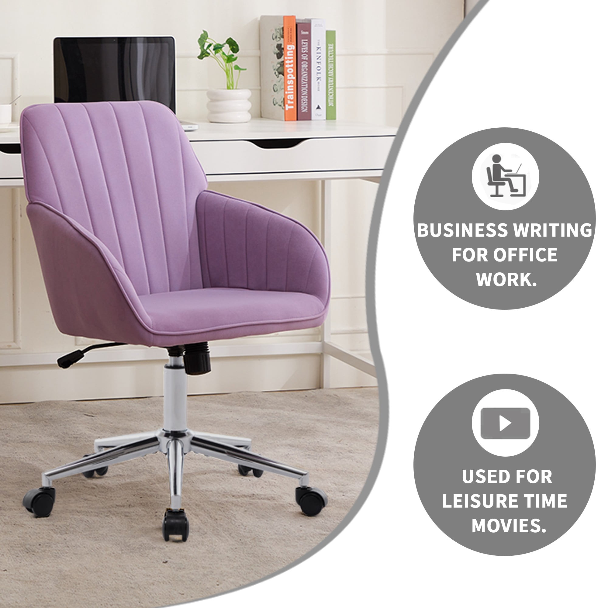 Modern Office Chair,Adjustable Arm Chair Computer Chair with Wheels,Swivel Vanity Chair for Living Room,Purple