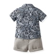 thumbnail image 3 of VNKIDY Boys Toddler 2 Piece Casual Outfit Short Sleeve Button Down Casual Fashion Print Shirt With Bow Tie Matching Solid Color Shorts For Summer Casual Wear Gray 5-6 Years, 3 of 6