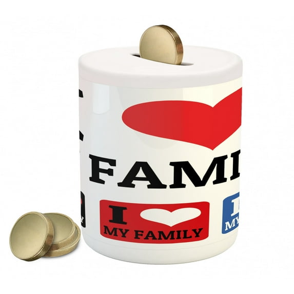 Family Piggy Bank, Signs I Love My Family Emblems Stamp Colorful Retro Classic Composition, Ceramic Coin Bank Money Box for Cash Saving, 3.6" X 3.2", Multicolor, by Ambesonne