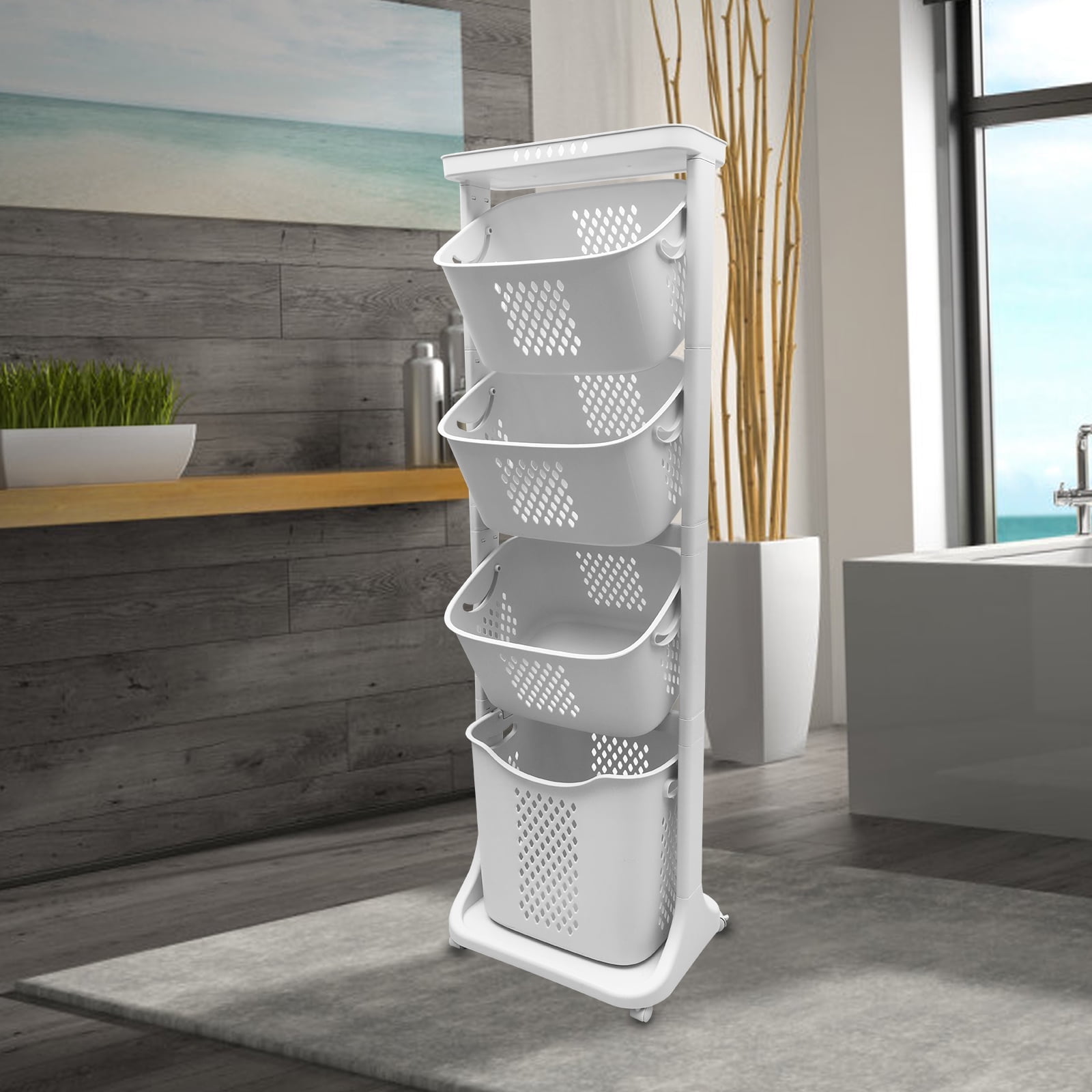 CATGOOD Rolling PP Laundry Hamper with 4 Bins, White, 2-Bag