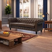 Chesterfield 3-Seater Faux Leather Button Tufted Sofa Couch with Rolled Arms Solid Wood Legs