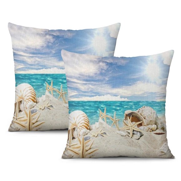 Décor Côtier Relaxant : Ensemble de 2 Housses de Coussin en Lin 16x16 Pouces Étoile de Mer & Corail - Parfait pour la Décoration Intérieure à Thème Plage.