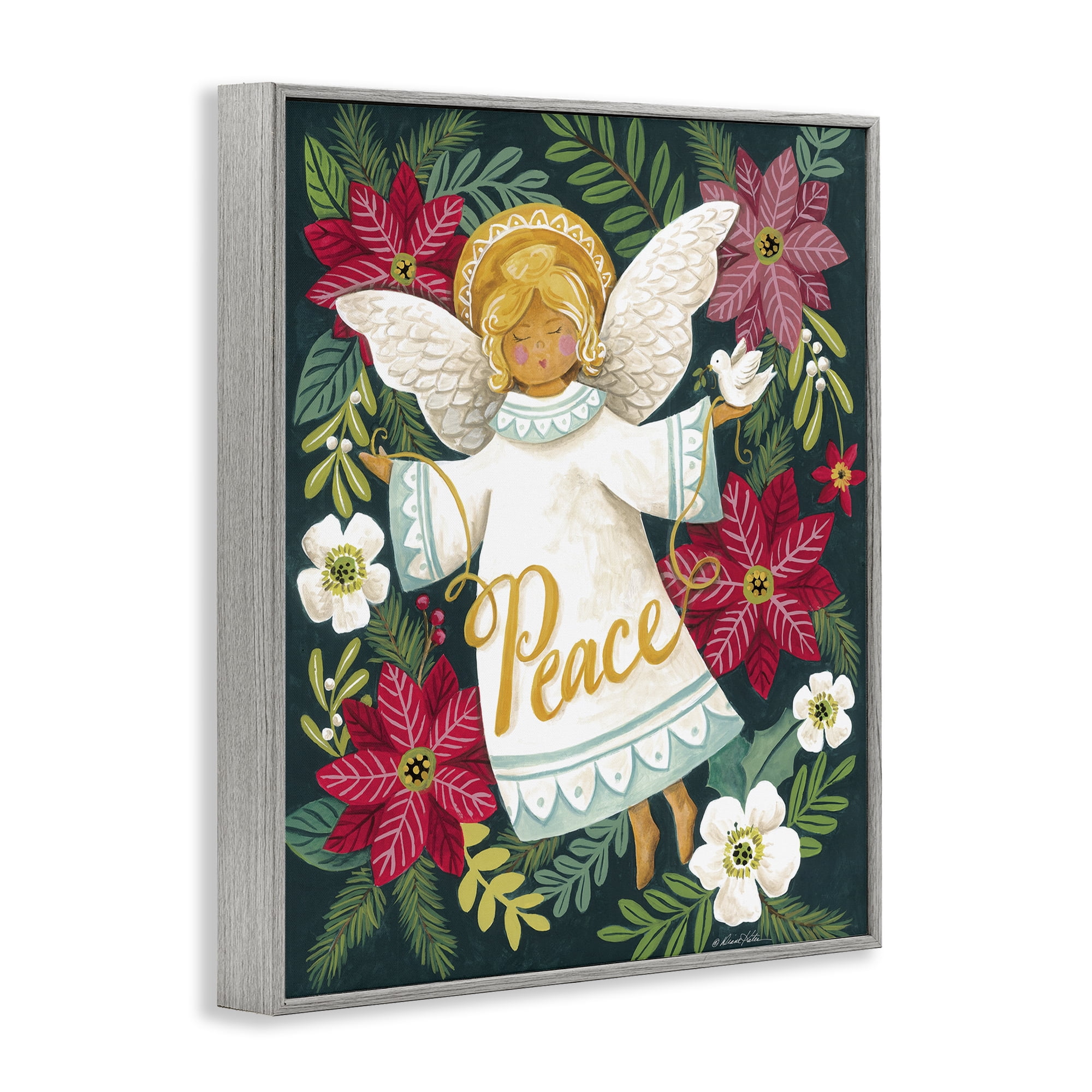 Angel with Peace & Botanicals Gray Framed Giclee Art, design by Diane Kater