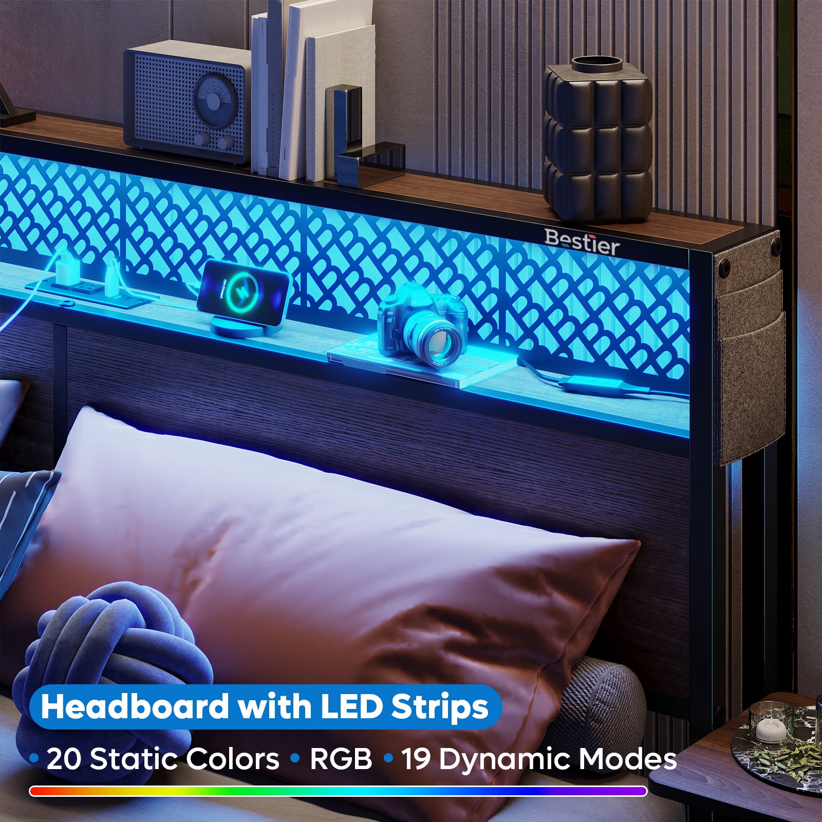 Bestier Full Size Platform Bed Frame with Wood Foldable Bedside Shelves and LED Storage Headboard Charge Station, Walnut