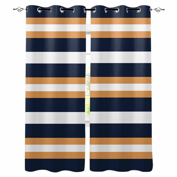 Orange Navy Blue Striped Blackout Curtains 63 Inches Long for Bedroom, Minimalist Farmhouse Lines Thermal Insulated Room Darkening Black Out Window Curtain Panels Grommet Drapes for Living Room