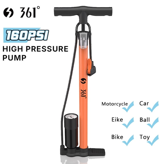 361° Bike Air Pump, Orange 160PSI High Pressure Bicycle Floor Pump with Schrader Presta Dunlop Multi-Purpose Valve, 23.2" Steel Barrel Pump with 90° Swivel Foldable Pedal for Bikes, Cars
