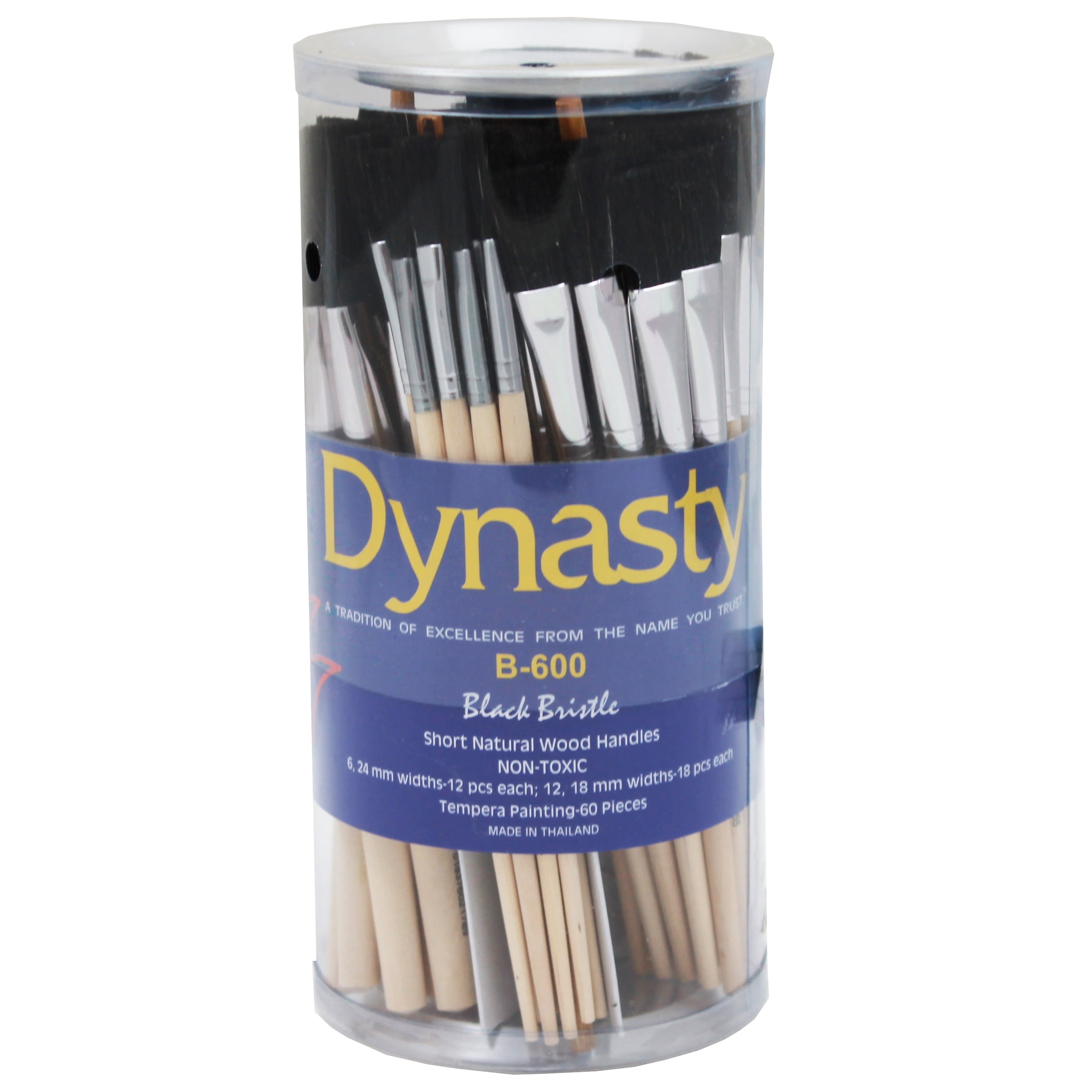 Dynasty® B-600 Cylinder Black Bristle Short Wood Handle Paint Brush Set, Assorted Size, Natural, Set of 60