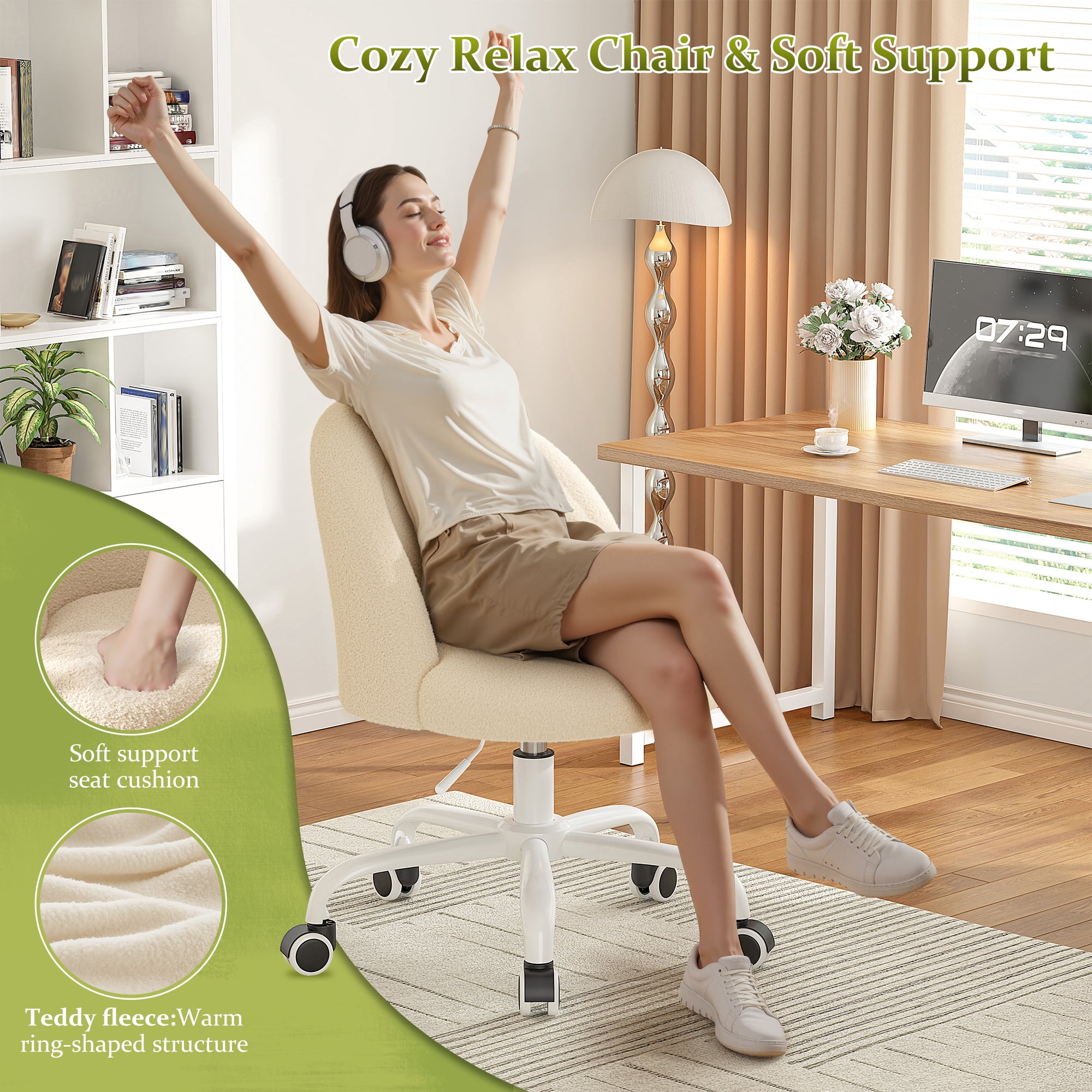 Romorgniz Vanity Chair Height Adjustable Desk Chair with Wheels, Armless Office Chair with Soft Lumbar Support for Small Space, Bedroom, Home office, Cream