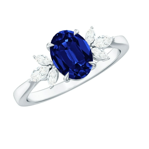 Rosec Jewels Oval Cut Created Blue Sapphire Solitaire Ring with Diamond Accent, 925 Sterling Silver, US 4.00