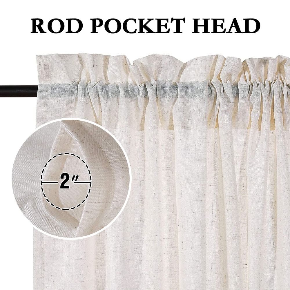 PrimeBeau Linen Sheer Vintage Rod Pocket Window Curtains, 52" W x 84" L, Natural