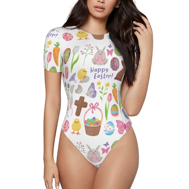 Balery Happy Easter1 Body de cuello redondo de manga corta para mujer Tops de manga corta Tops básicos-X-Large