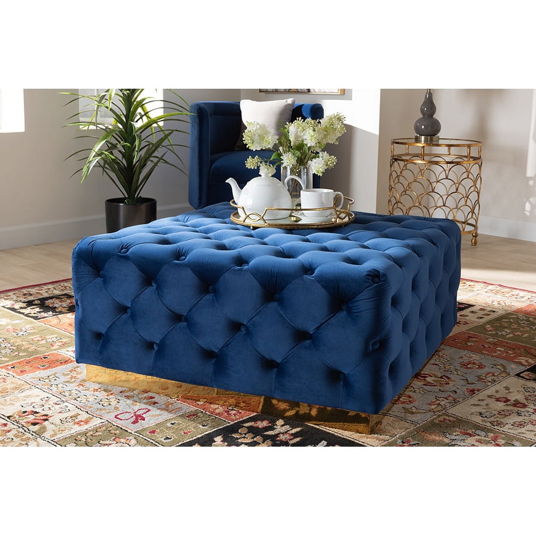 Baxton Studio Verene Glam and Luxe Royal Blue Velvet Fabric Upholstered Gold Finished Square Cocktail Ottoman