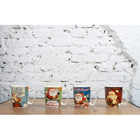 New Bone China Large Mug (All For You X978 Christmas New Bone China Mug with Christmas Gift Prints ,Santa -Set of 4, 12 Oz, Gift Box (4 Piece Assorted)