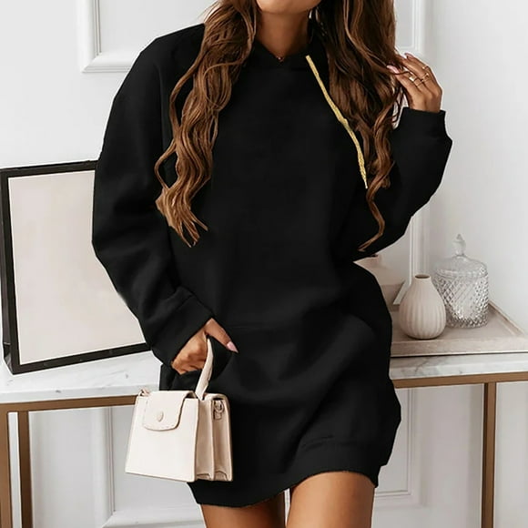 Black Friday Deals 2022 TIMIFIS Homecoming Dresses Women's Casual Long-sleeve Pocket Pullover Hoodie Dress Waist Sweatshirt Solid Dress Womens Fall Fashion 2022