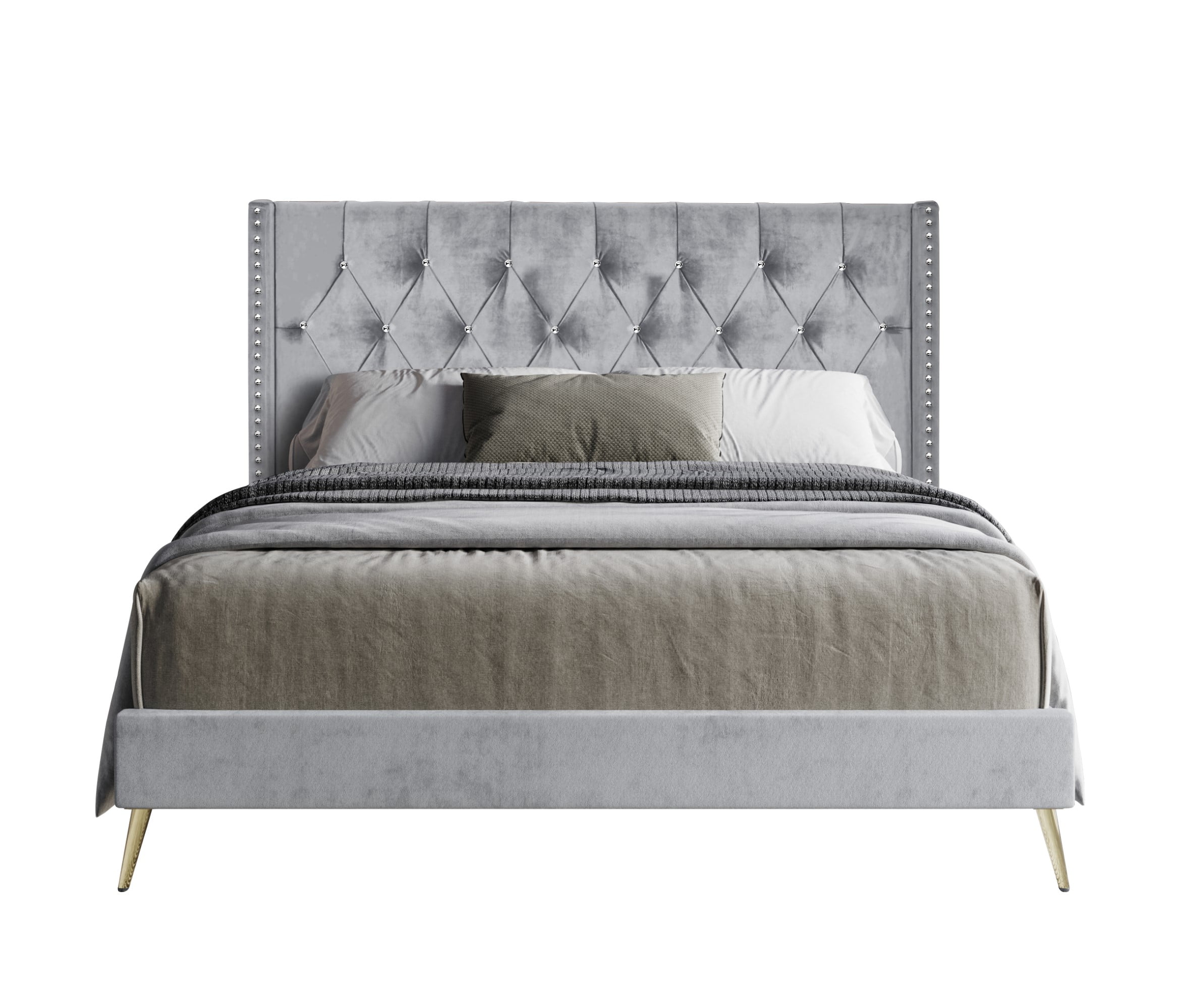 Home Design Homer Twin Diamond Tufted and Nailhead Trim Velvet Wingback Platform Bed Frame for Adult, Silver Gray, Easy Assembly