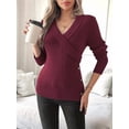 thumbnail image 2 of Women V Neck Long Sleeve Sweaters Criss -Wrap Ruched Pullover Fall Tops Wine Red M, 2 of 6