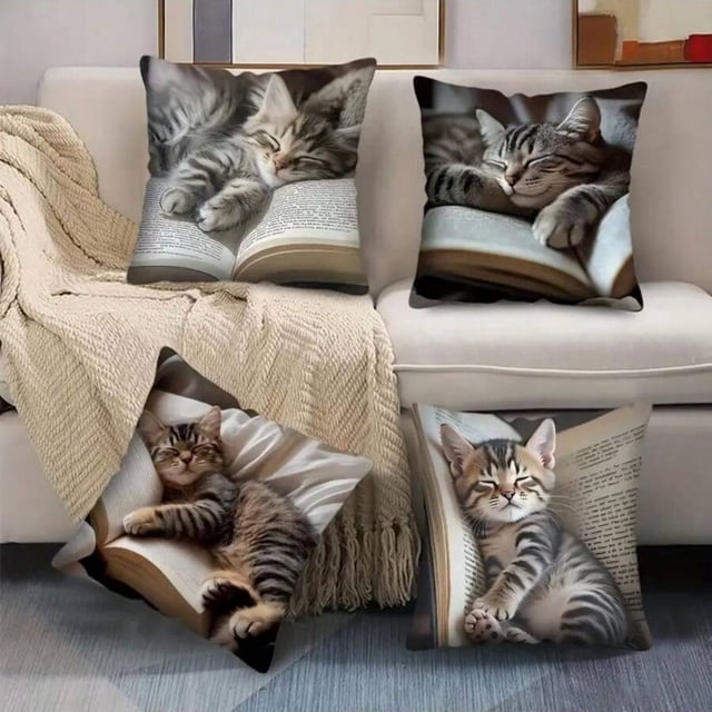 Funda de almohada de lino con diseño de gatos durmiendo y libros | Funda de cojín suave de pelo corto | 45 x 45 cm | Funda de almohada decorativa multicolor para sofá y sala de estar | Juego de 4
