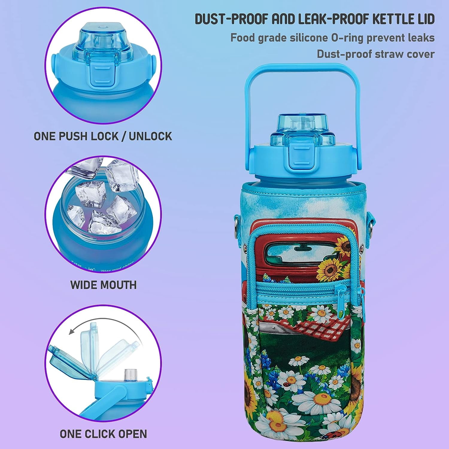 64 oz Cute Water Bottle with Sleeve BPA Free Half Gallon Water Jug with Straw and Time Marker, Motivational Gym Workout Pregnancy Water Bottles Gifts for Women