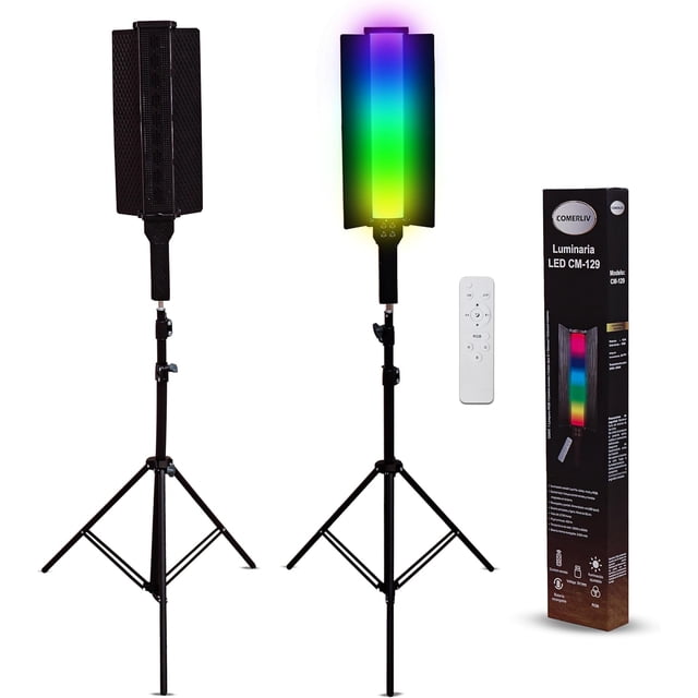 Lámpara Luz LED Profesional RGB Recargable con Luz Blanca/Cálida, Colores Ajustables, Control Remoto, Trípode 2.1 m, Cabezal Giratorio, Para Maquillaje Fotografía Video Streaming, USB-C, COMERLIV