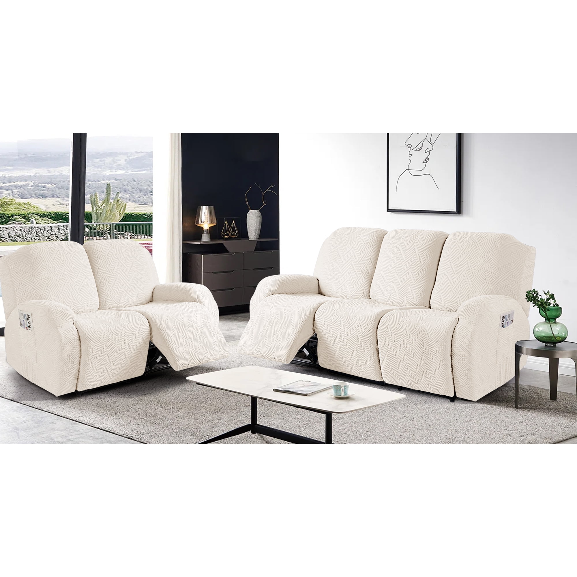 TAOCOCO Recliner 3 Seater Sofa Slipcover Anti-Slip Couch Cover for Reclining Sofa Home Furniture Protector, Beige