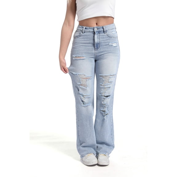 Women's Destroyed Jeans Ripped Straight Leg Jean Trousers Stretch Denim Pants Y2K Trousers with Pockets Blue