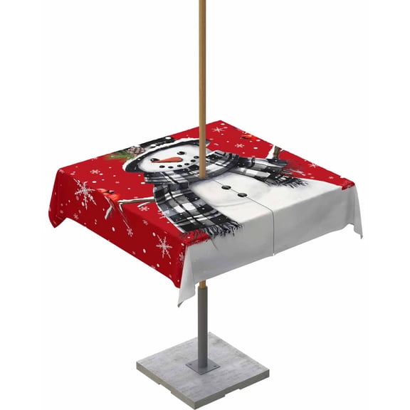 Boanket Outdoor Tablecloth with Umbrella Hole for Patio/Picnic/Party/Camping, Red Snowman Christmas Waterproof Table Cloth Square Cover Washable, Xmas Snowflake Birds (54"x 54")