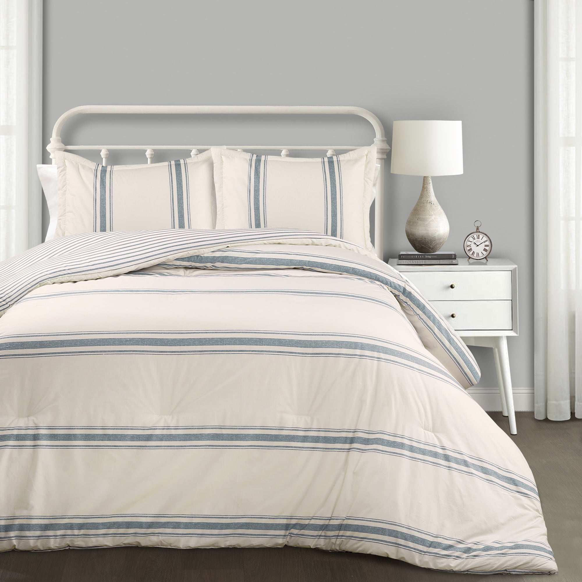 Photo 1 of "Lush Decor Farmhouse Stripe Traditional Reversible Comforter, Full/Queen, Blue, 3-Pc Set" 