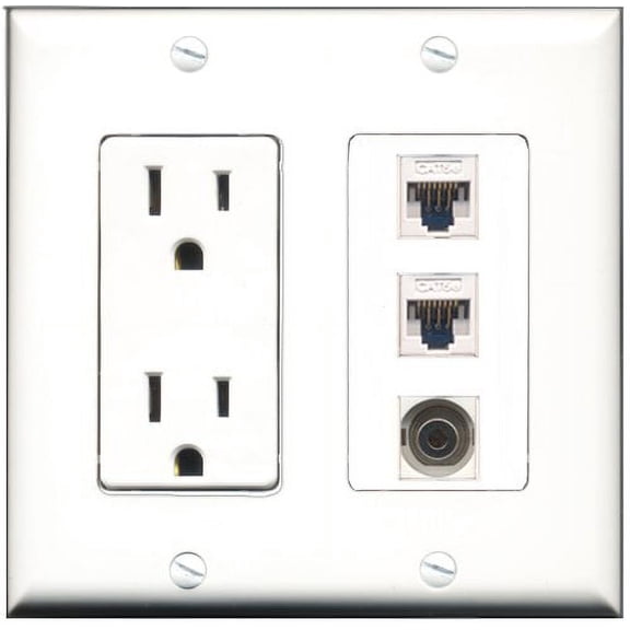 RiteAV - 15 Amp Power Outlet 1 Port 3.5mm 2 Port Cat5e Ethernet White Decorative Wall Plate