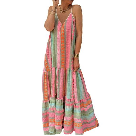 Biekopu Women's Summer Long Dress Bohemian Sleeveless Spaghetti Strap Graphic Print Loose Dress Midi Slip Dress